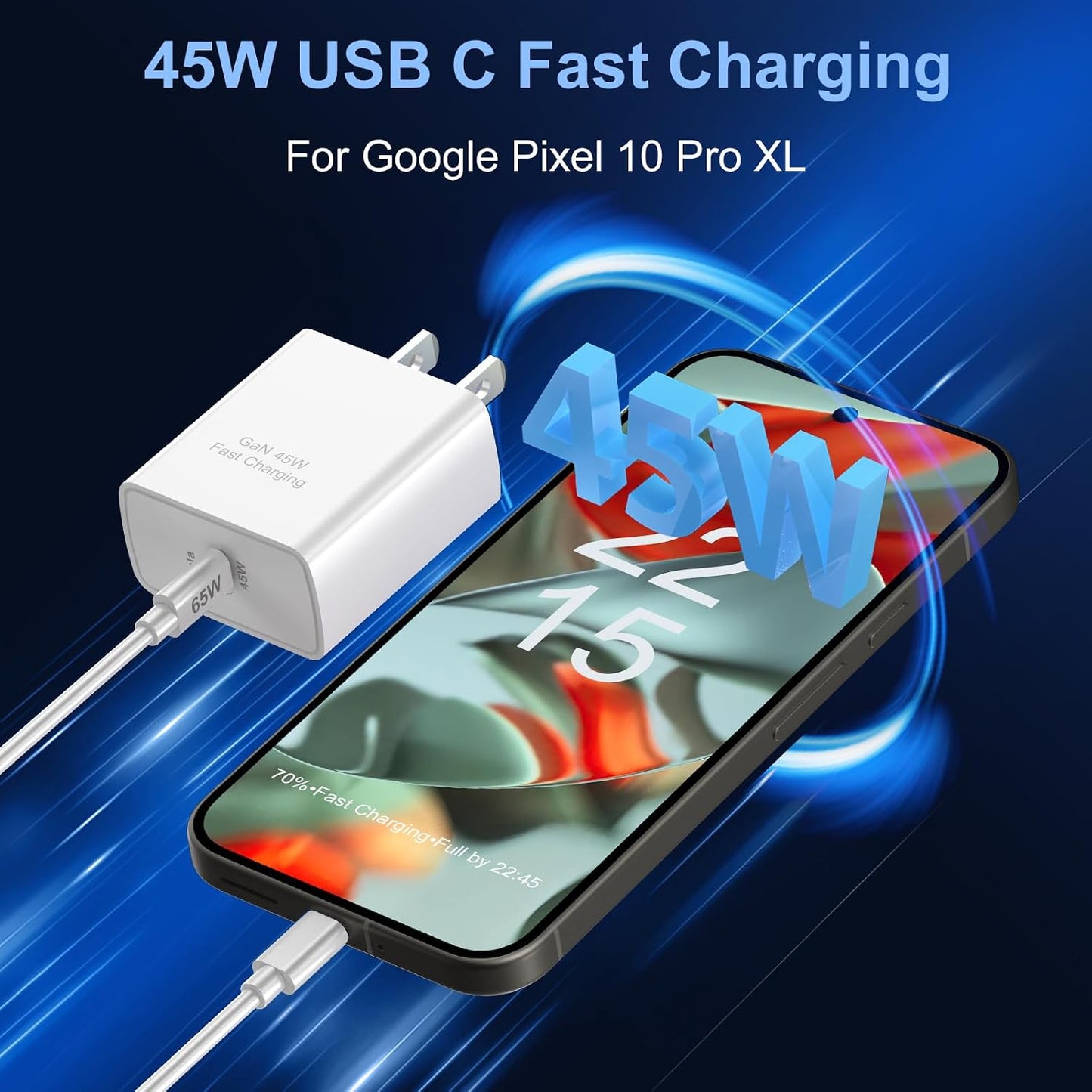 2 Pack 45W USB C Fast Charger GaN Adapter with 6.6FT Type C Cable for Pixel | 45 Watts Phone Type C Wall Plug Block PD 3.0/PPS Charging Rapidly for Google Pixel 10 Pro Fold/9 Pro XL/8 Pro/8/8a/7 Pro/7a/6