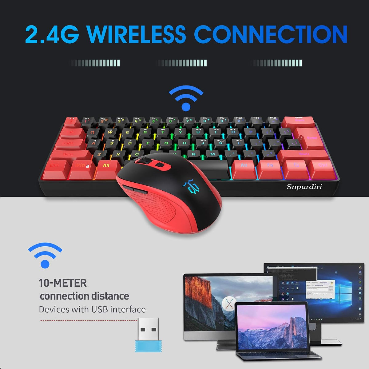 Snpurdiri 2.4G 60% Wireless Gaming Keyboard and Mouse Combo, Red-Black