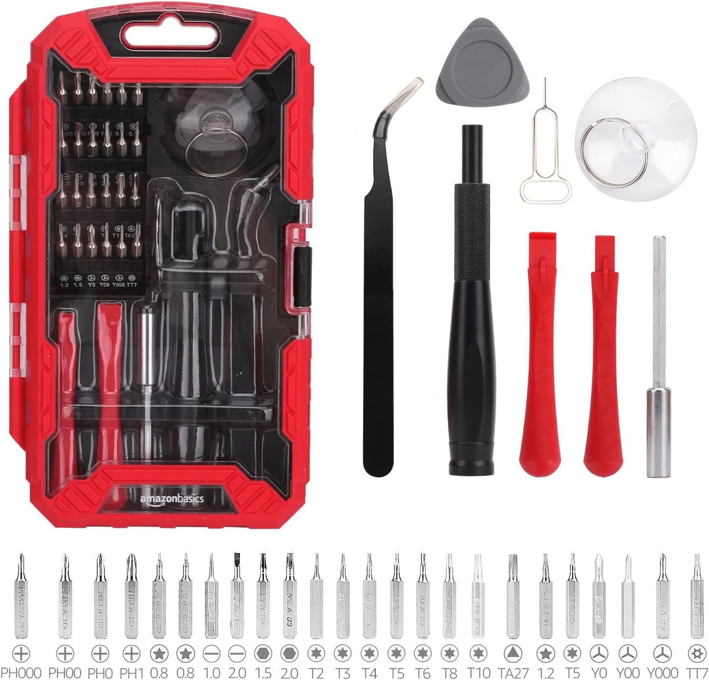 Amazon Basics Precision Screwdriver Set, 32-Piece Electronics Repair Tool Kit for Laptops, Smartphones, Eyeglasses, Watches, Magnetic Tip, Red