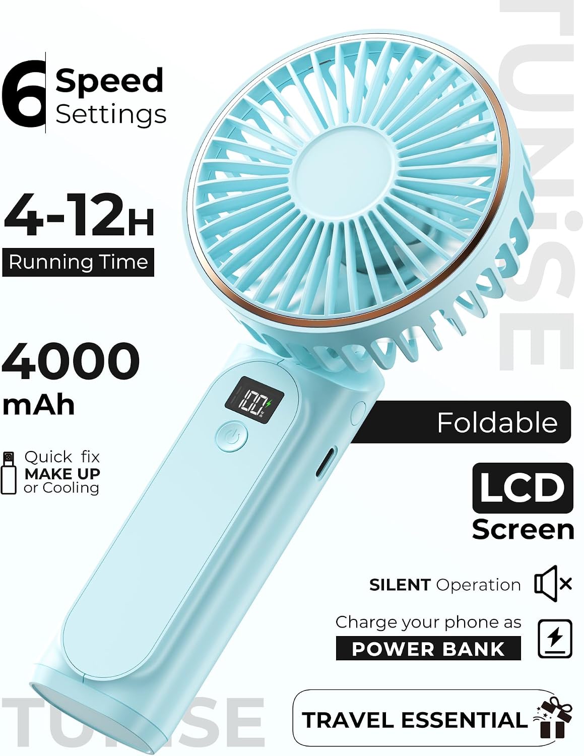 TUNISE Portable Handheld Fan, 4000mAh, 180 Adjustable, 6 Speed Wind, USB Rechargeable Foldable Fan with Real-Time Electricity Display