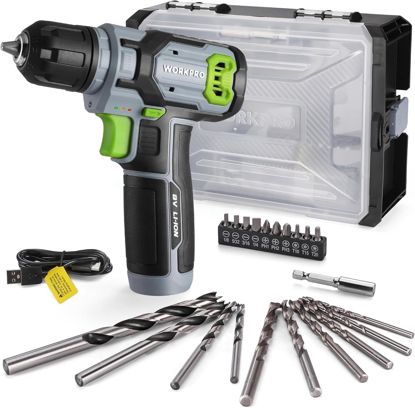 WORKPRO Power Drill Bit Set with Tool Box, 8V Cordless Drill Driver | Cordless Screwdriver Kit, 21pcs Accessories, 3/8" Keyless Chuck, 2.0Ah Battery, Portable for DIY