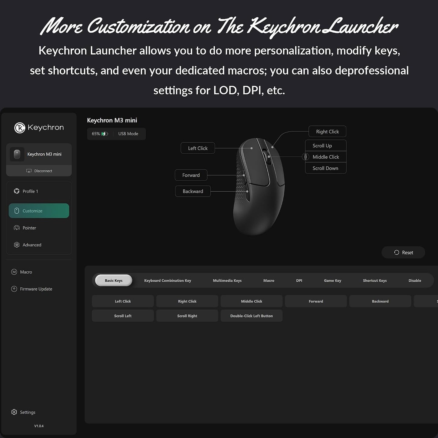 Keychron M3 Mini Wireless Optical Mouse, Bluetooth 5.1/2.4 GHz/Wired Gaming Mouse, Programmable PixArt 3311 Sensor with up to 26,000 DPI/ 650 IPS, Lightweight Ergonomic for Windows Mac Linux - Black