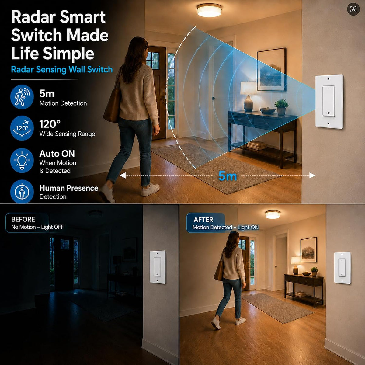 Smart Radar Switch 1 Gang, Neutral Wire Required, 2.4GHz Wi-Fi Motion Sensor Light Switch Compatible with Alexa and Google Home, UL Certified