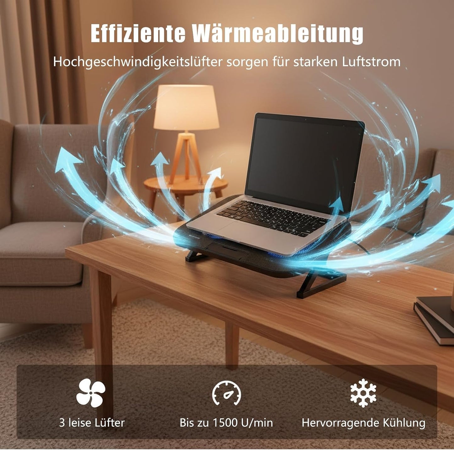 Laptop Cooling Pad with 3 Quiet Fans, 5-Level Height Adjustable Ergonomic Stand, 2 USB Ports & Phone Holder, Fits 12-17 Inch Laptops, Family-Friendly for Gaming/Work/Online Class,