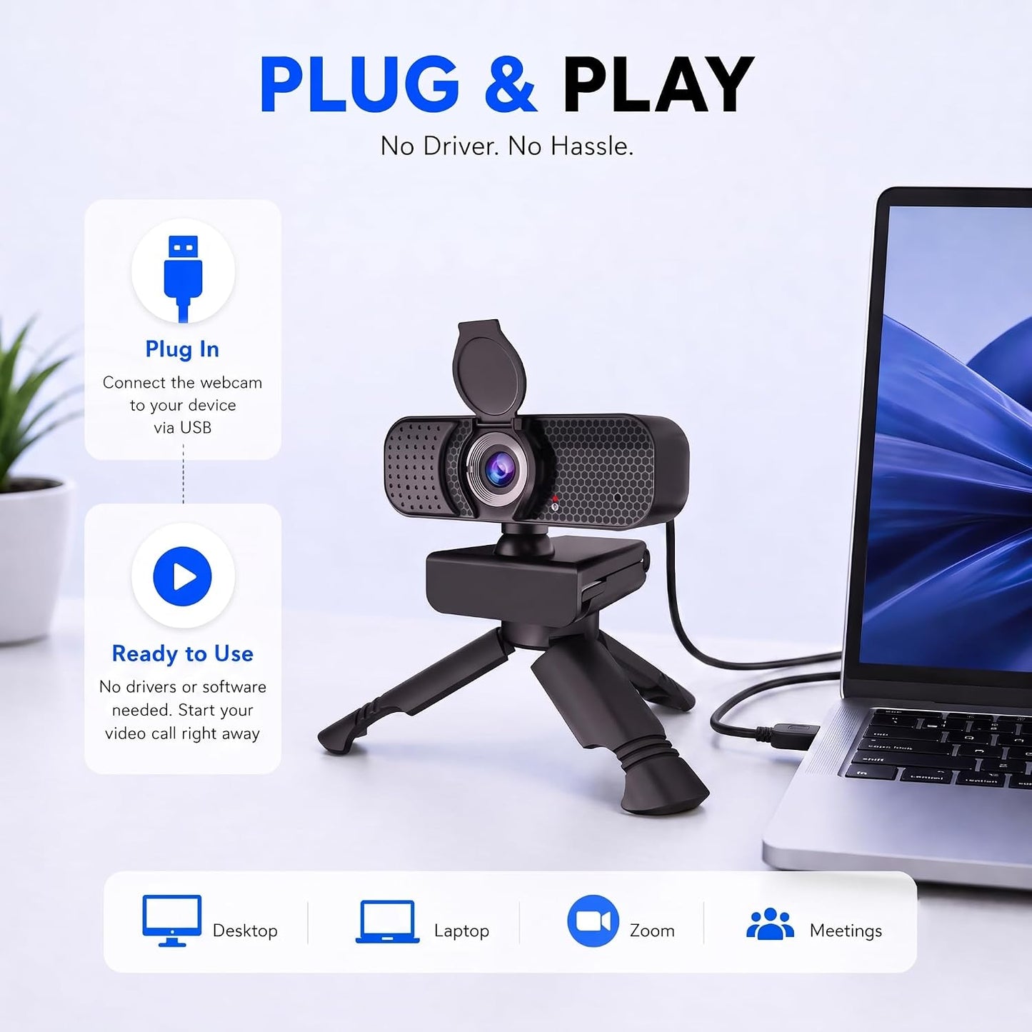 C26 1080P Webcam with Microphone USB Computer Camera USB-A-USB-C Adapter | 105° FOV Noise-Reducing Mic, Auto Light Correction, Privacy Cover & Tripod, Plug&Play for PC/Mac/Laptop, Zoom/Teams/Streaming