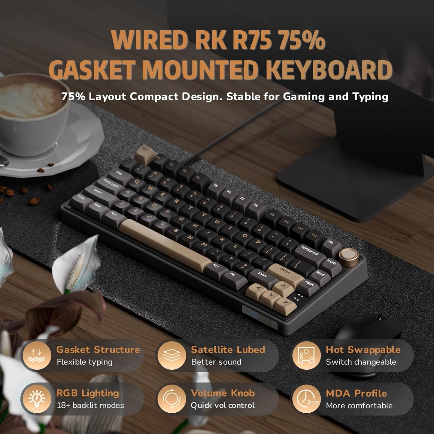 RK ROYAL KLUDGE R75 Wired Mechanical Keyboard with Volume Knob, 75% Mechanical Gaming Keyboard Gasket Mount, Hot Swappable Silver Switch, MDA Profile PBT Keycaps, Creamy Keyboards, Black