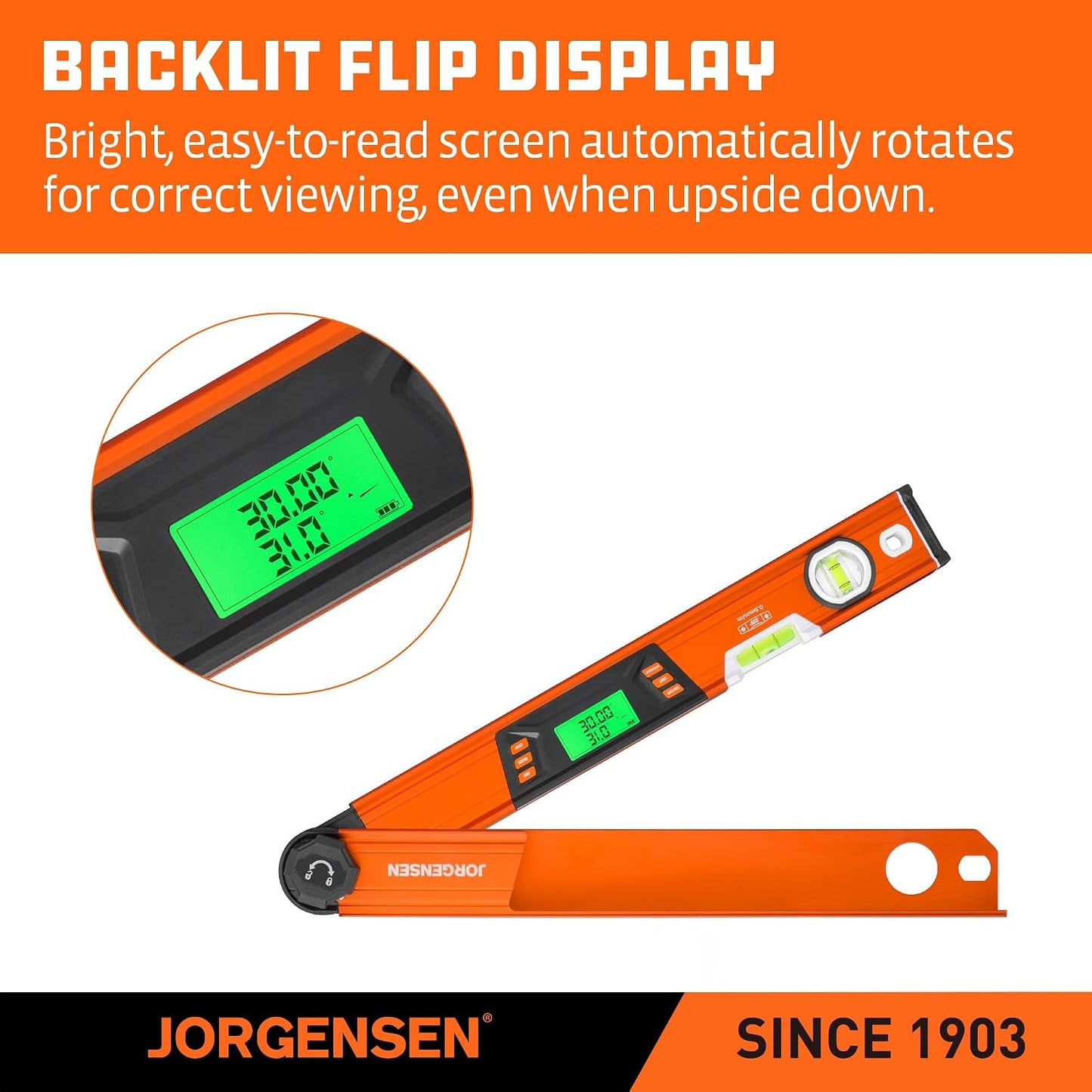 JORGENSEN Digital Angle Finder, Protractor Digital Level | Simple & Compound Miter Cuts;Portable Hanging Hook;Data Hold Function;4 Measurement Units;Easy Unit Switching