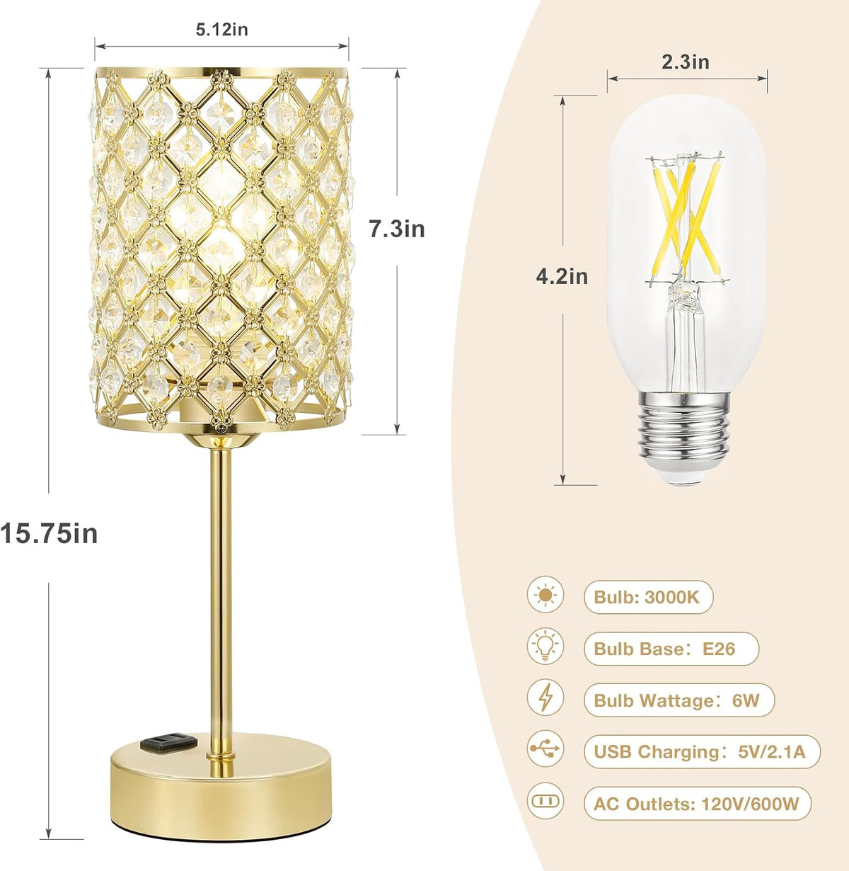 Hong-in Gold Lamps for Night Stands, Crystal Table Lamp with Touch Control | 3-Way Dimmable, USB-C+A & AC Outlet, Desk Lamp for Bedside, Nightstand, Living Room, Home Office, Bulbs Included