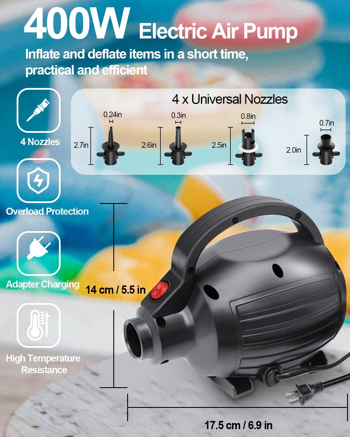 Electric Air Pumps for Inflatables Air Mattress Gymnastics Track Mat Quick Fill Inflator/Deflator for Pool Floats Dock Raft,4 Nozzles, 110-120V AC (400W)