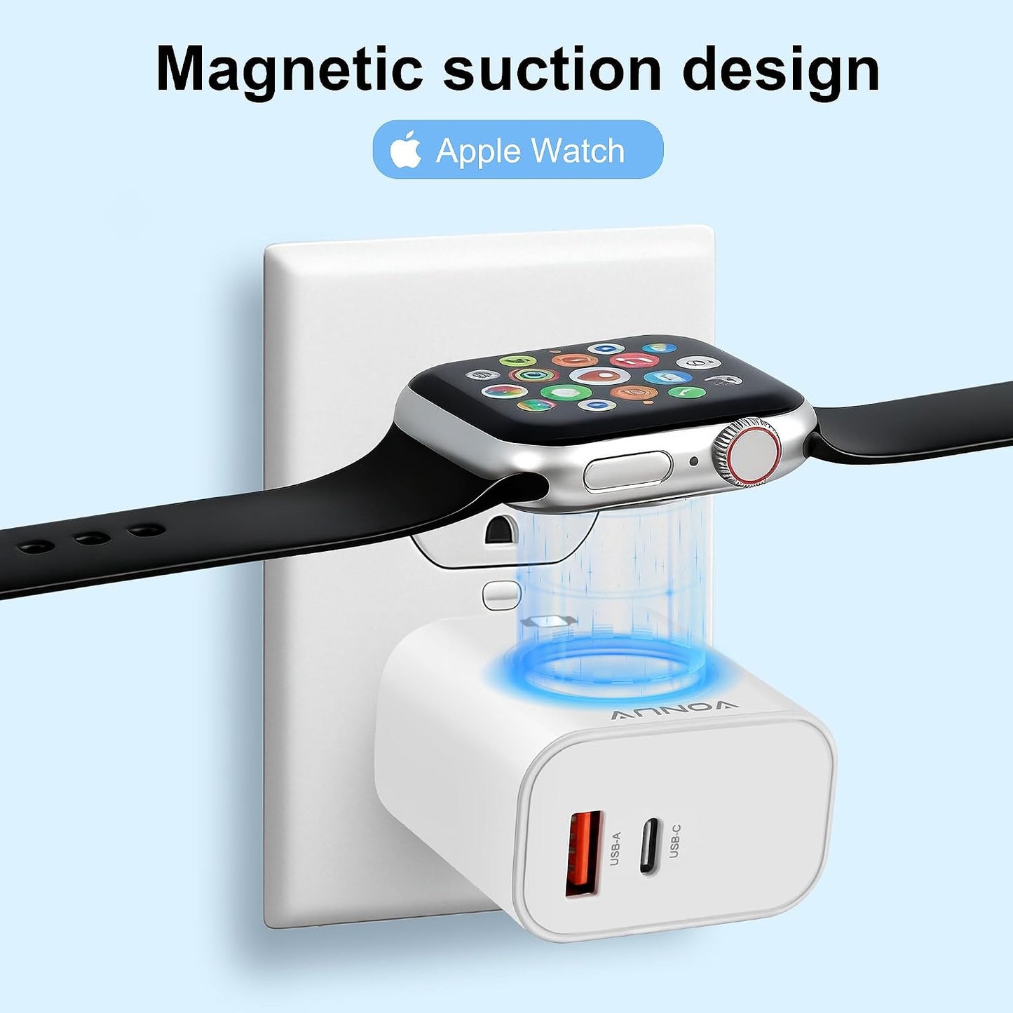 3-in-1 Adapter for Apple Watch, 20W USB C Fast Charging Block with Dual Ports & Magnetic Wireless Adapter, Portable Travel Wall Plug for iWatch Ultra/SE/11/10/9/8/7, iPhone 17/16/15/14, AirPods