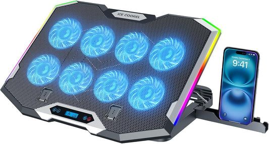 Gaming Laptop Cooling Pad with 8 Cooling Fans, Laptop Fan Cooler Pad for 15-17.3 Inch, Notebook Cooler Stand with 6 Height Adjustable, RGB Cooling Pad with Two USB Port + Phone Stand