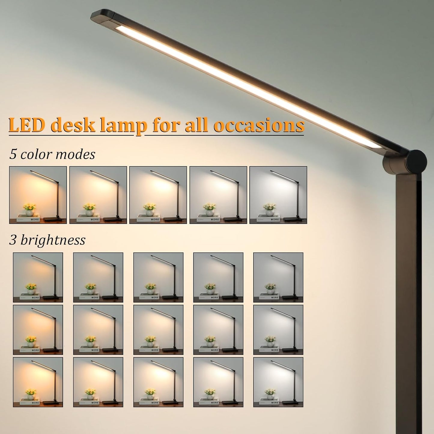 LED Desk Lamp with USB Ports,Touch Desk Lamps for Home Office with 5 Modes | 3 Brightness Desk Light with Small Night Light,Reading Lamp Table Lamp for Bedroom Bedside Study Black （with adapter）
