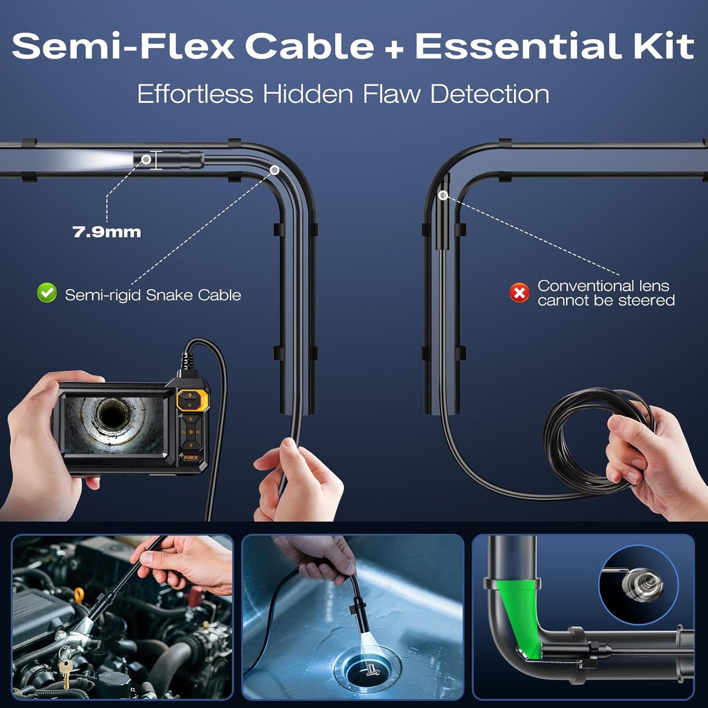 Endoscope Camera with Light, 1920P HD Borescope, 4.3" IPS Inspection Camera | AukonVee IP67 Waterproof Snake Camera with 8 LEDs, 16.5ft Semi-Rigid Cable, Great for Automotive and Pipe Repair Tools