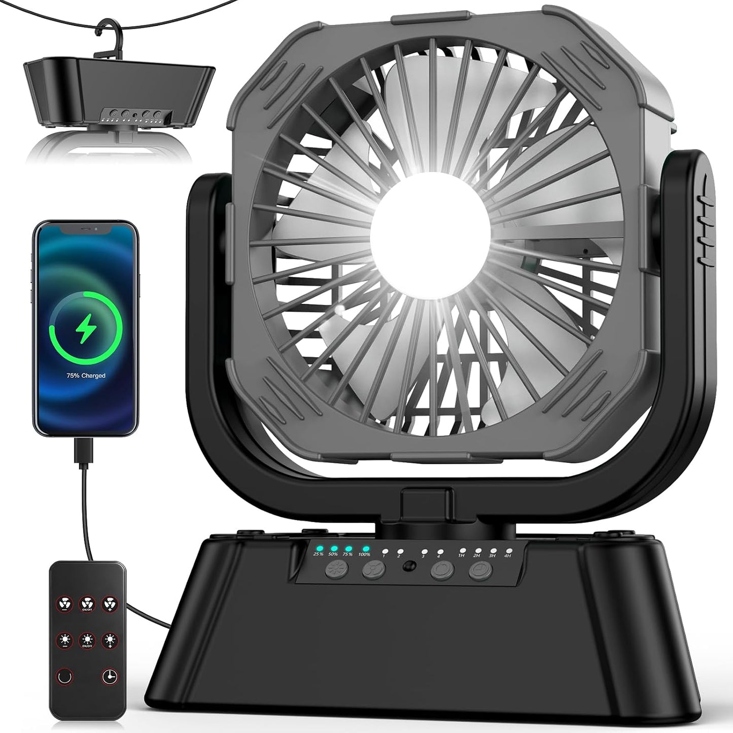 SHJQJJLBCQ 10000mAh Camping Fan, Battery Rechargeable Portable | Auto oscillating, quiet, wireless, remote, 4 timers, light, rechargeable, for camping, tent, RV, outdoor, travel, emergency.
