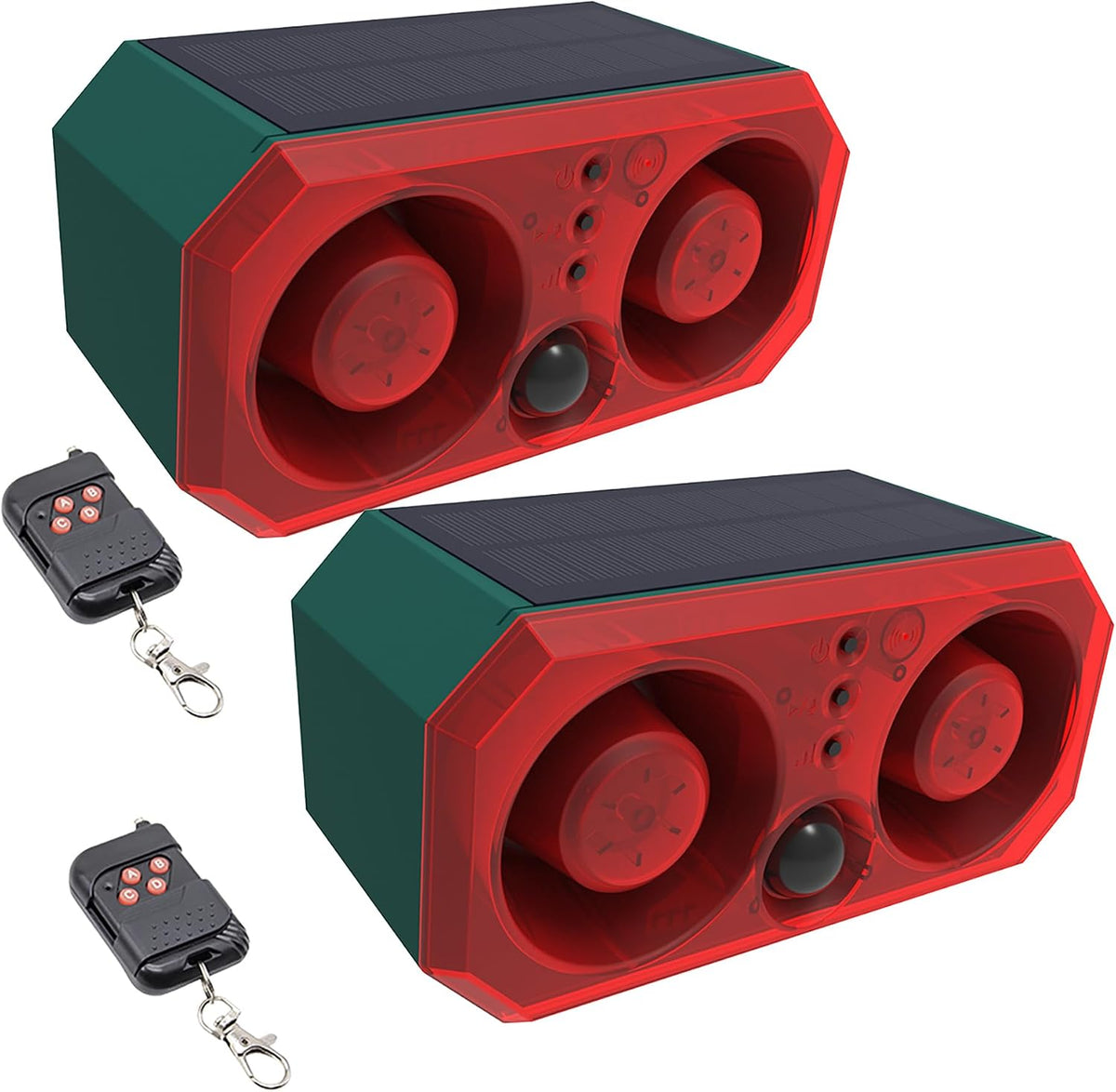 Solar Sound & Strobe Light Alarm Motion Sensor Siren, 13 Sounds & Recording, Dual Speaker 130dB Dog Barking Loud Noise Maker, Security Alert System for Home Farm Barn Villa Orchard (2 Pack)