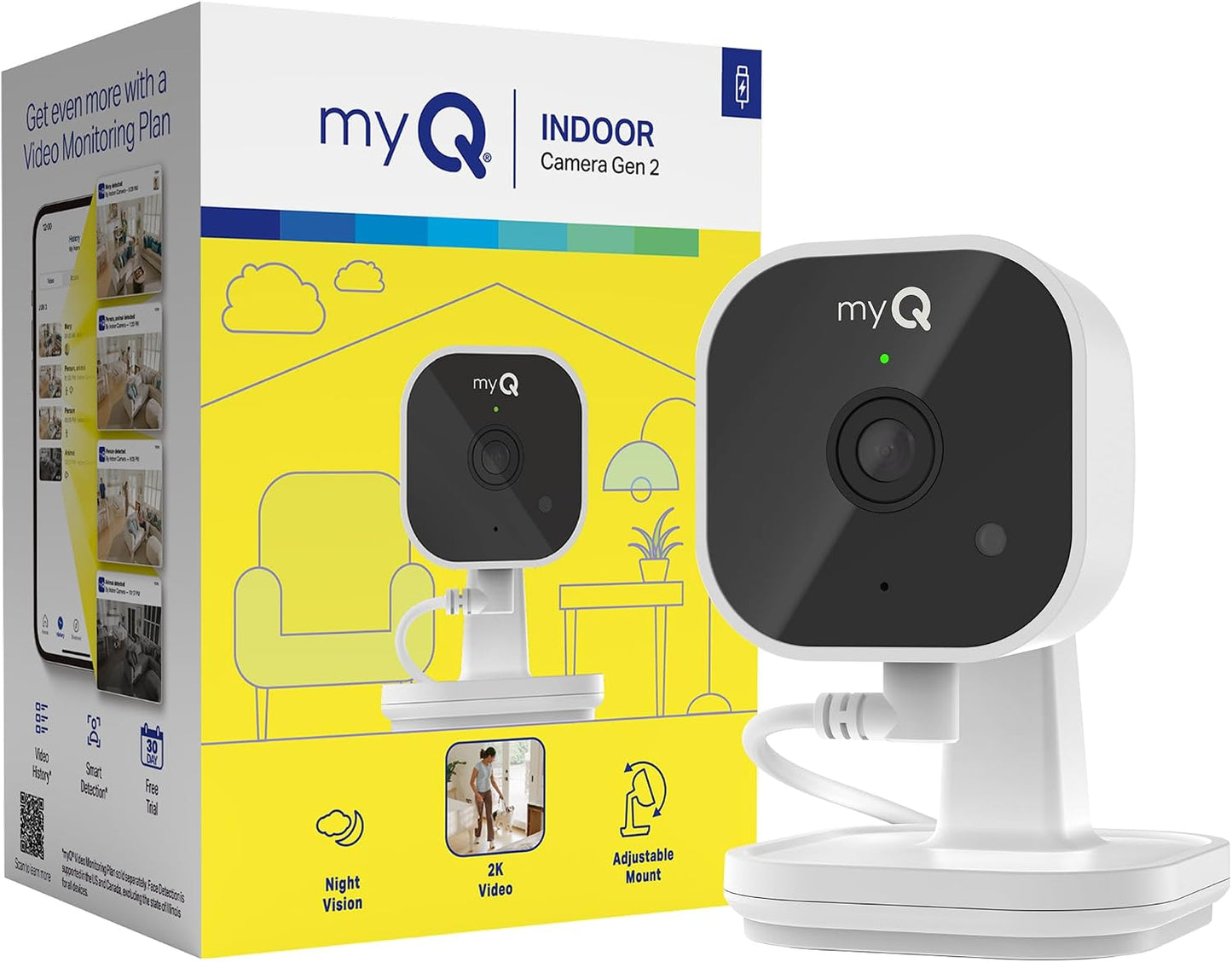 myQ Indoor Plug-in Security Camera Gen 2 – 2K Smart Wi-Fi Camera with Night Vision, Baby and Pet Monitor, Motion Detection and Alerts, 2-Way Audio & App Control