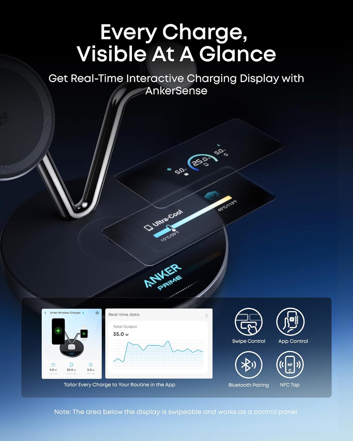 Anker Prime 3-in-1 Qi2.2 MagSafe Compatible 25W Wireless Charging Station | Smart Display with TEC Active Cooling, for iPhone 17, Apple Watch, AirPods Pro, and More (Adapter Included)