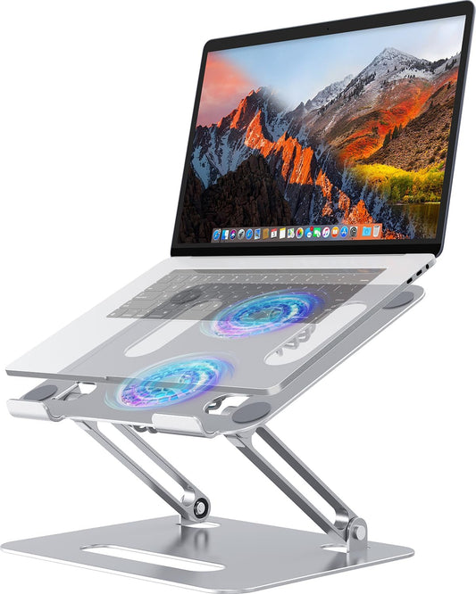 YICOSUN Adjustable Laptop Cooling Stand with 2 Quiet Fans & RGB Lighting, Aluminum Alloy & Foldable Ergonomic Design for MacBook, Lenovo, ASUS, Dell 10-16 Inch, Perfect for Gaming, DJ, Office - Silver