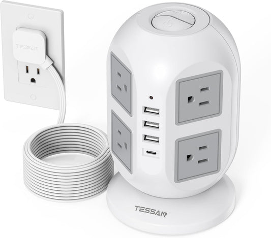 TESSAN Tower Surge Protector Power Strip, 10 ft Long Flat Extension Cord | 8 AC Outlets with 4 USB Ports (1 USB C), Charging Station with Surge Protection, for Home Office Dorm Room Essentials