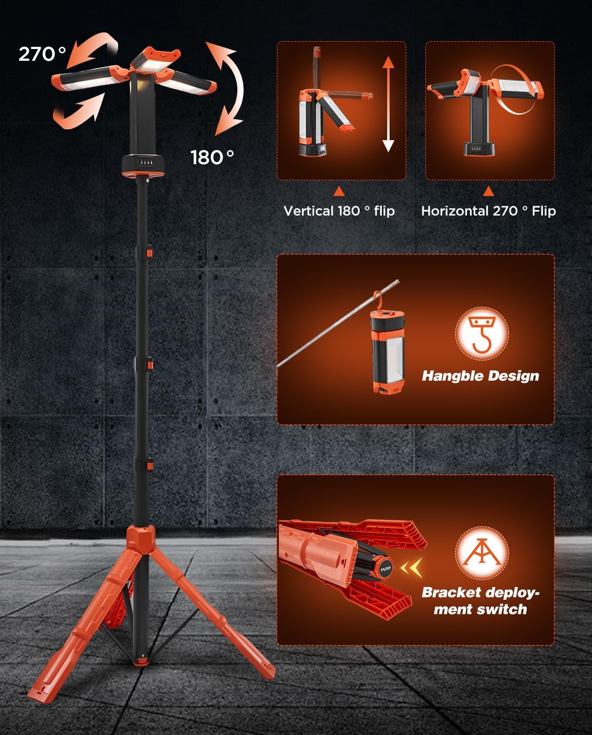 Saker Portable Camping Light with Stand 12000mAh 73.2" Work Light LD10 | 3200 Lumen,with Bag, Adjustable Height,Rechargeable,4 Lighting Modes, for Garage, Outdoor, Emergency Power Outages, Fishing