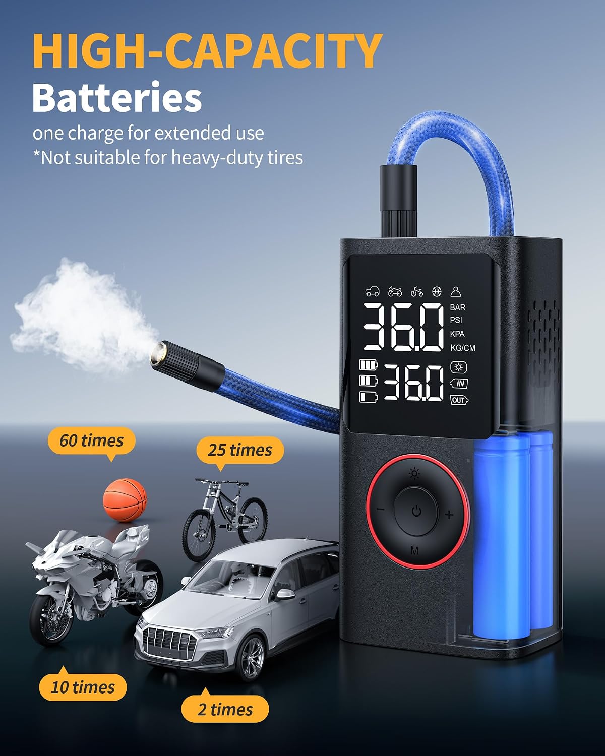 Powools Tire Inflator Portable Air Compressor, Cordless, Standard Capacity | Car Tires, Motorcycle, Bicycle, Balls, Inflatables, 150PSI, Auto Shutoff, LED Light, Black