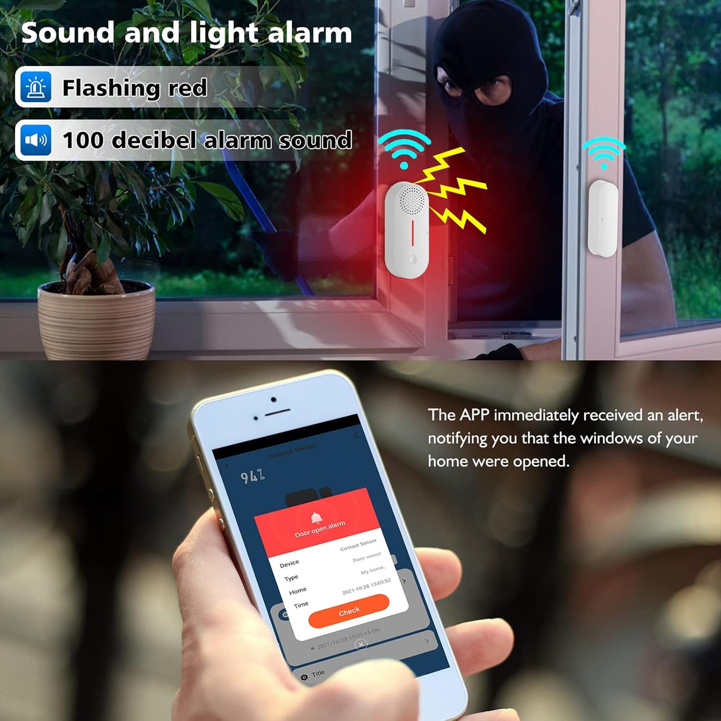 WiFi Smart Door Sensor, Wireless Door Window Sensor Alarm, Mini Contact Sensor for Home Security, Push Notification, Volume Adjustable, Timer, Compatible with Alexa/Google Assistant. 4 Pack