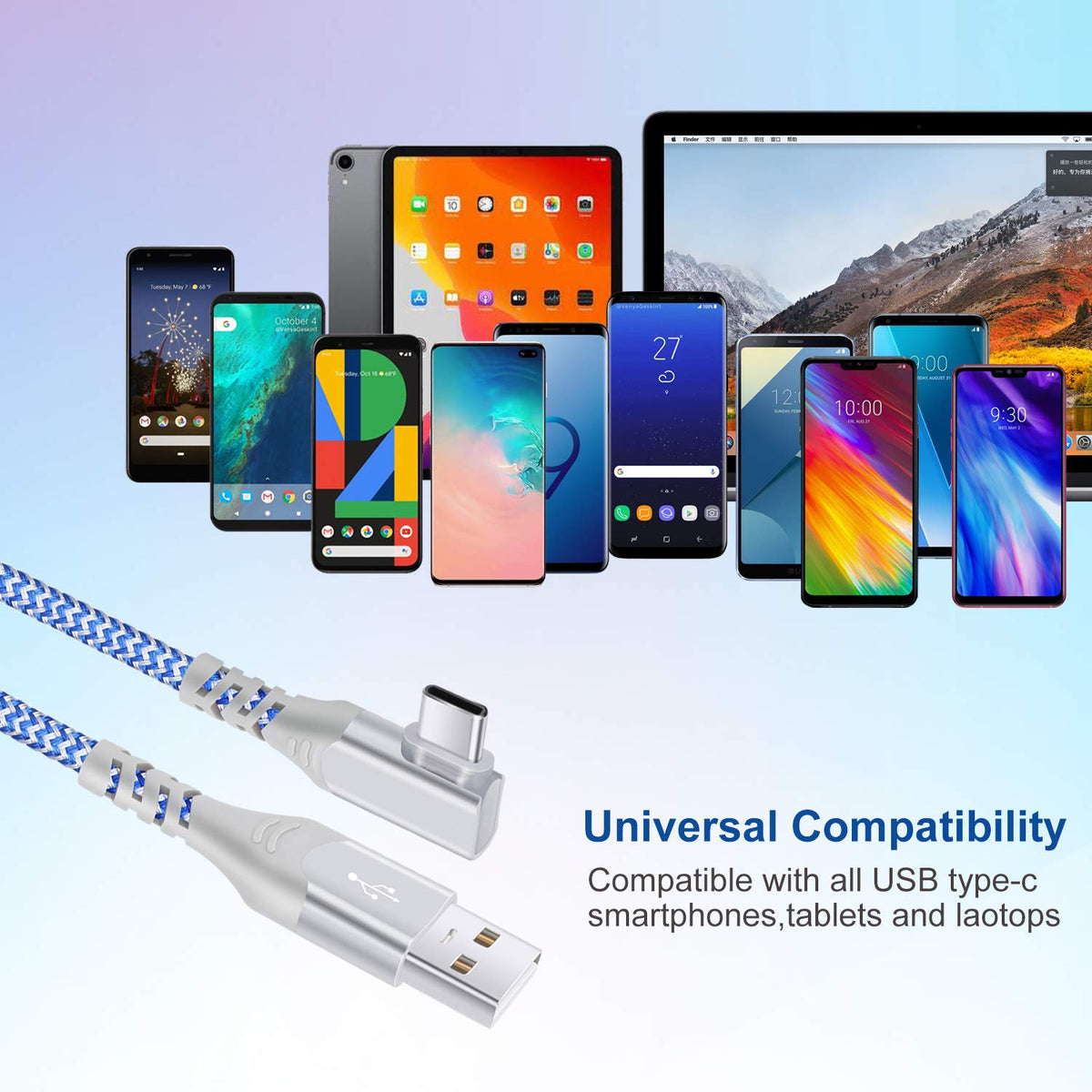 USB C Cable Fast Charging,3Pack 10ft Nylon Right Angle USB A to USB C Cable