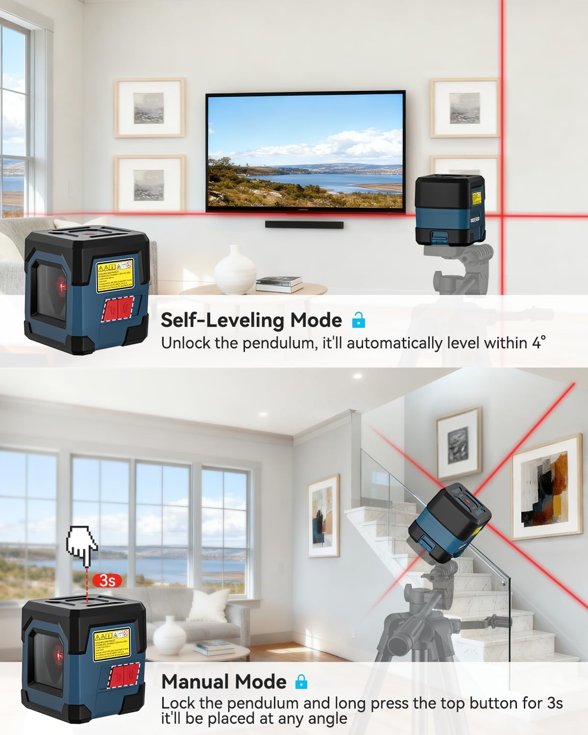 Laser Level, RockSeed Cross Line Laser with Self-Leveling, Vertical and Horizontal Line, Rotatable 360 Degree, Carrying Pouch, Battery Included (LV1)