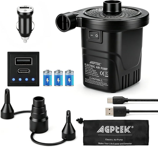 AGPTEK Rechargeable Air Pump,4000mAh Quick-Fill Inflator Deflator,3 Nozzles | Portable Electric Air Pump, Lightweight, for Air Beds, Air Mattresses, Pool toys,Inflatables,Fast Inflation,Camping, Outdoor