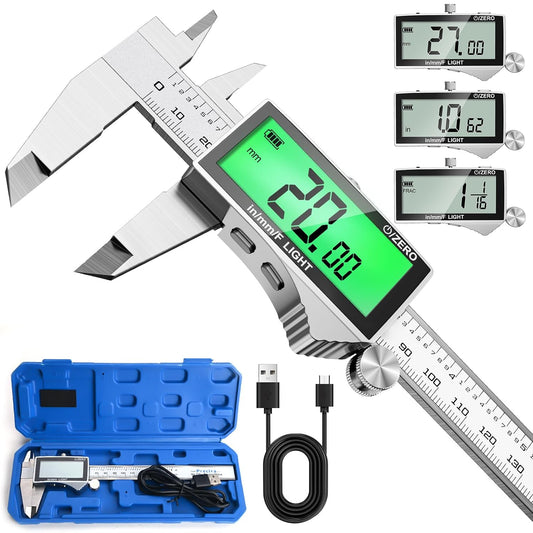 Rechargeable Digital Caliper 6 Inch, High-Precision Stainless Steel Vernier Caliper with Backlight, Support MM/in/F, Type-C Charging, LCD Screen Measuring Tool