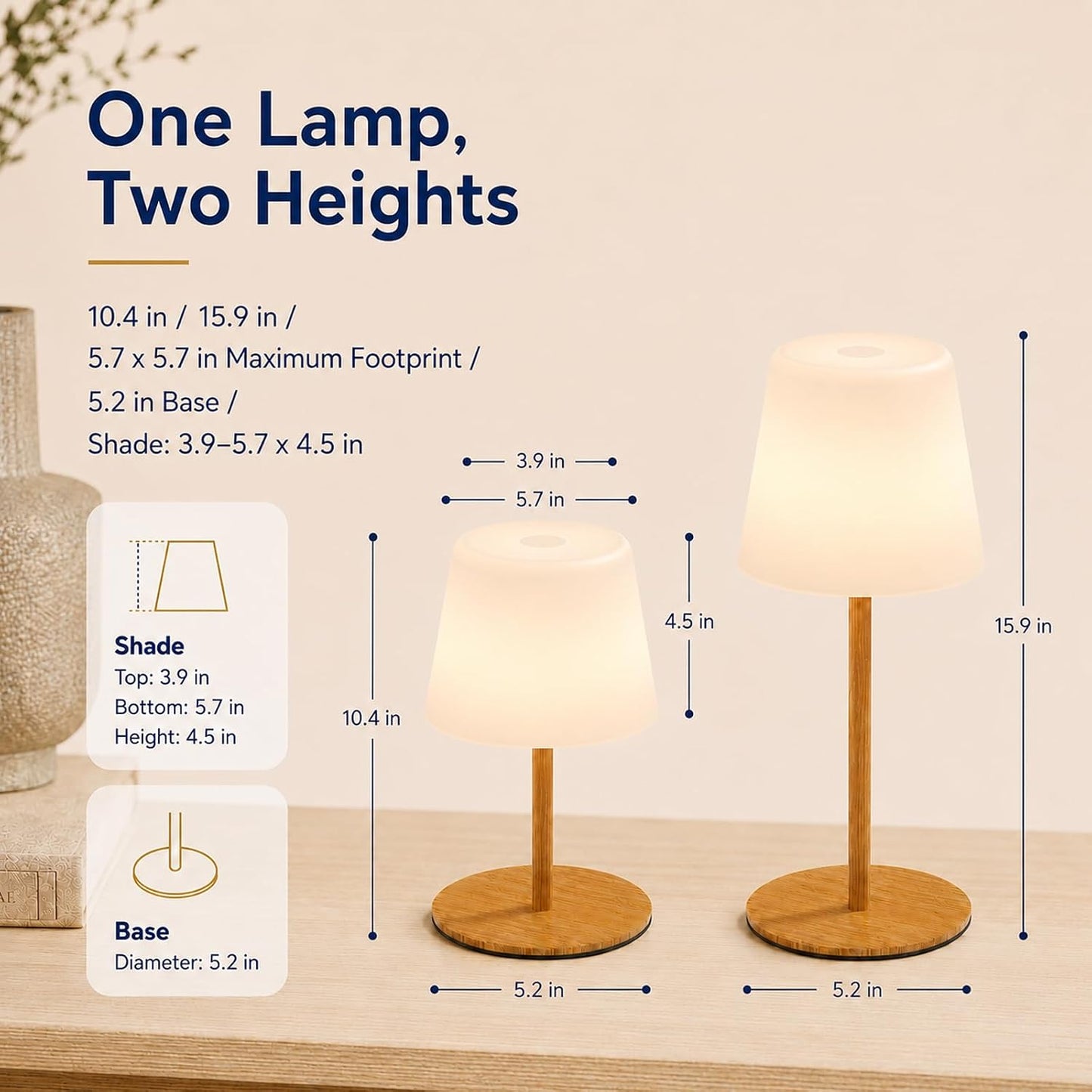 IP65 Waterproof Shower Lamp, Cordless Rechargeable Table Lamp, Wood Grain | Bathroom To Bedside Glow, Touch-Dim Comfort, 4000mAh USB-C Ease, 12-24H Light, 3 Light Moods, 2-Height Fit