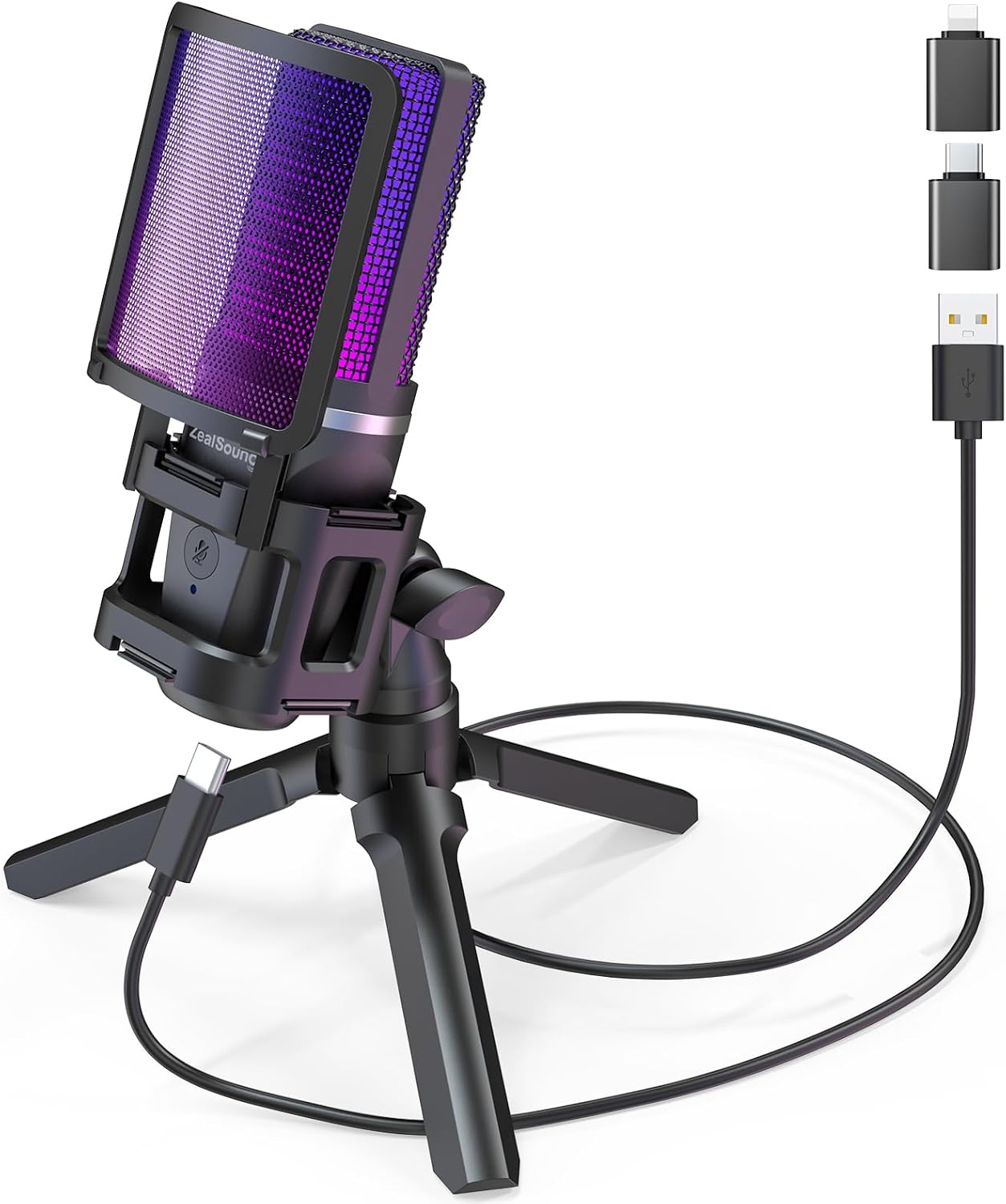 ZealSound USB Microphone for PC Mac iPhone & Android, Podcast Mic with Noise Cancellation, Touch Mute, RGB Light, Volume & Monitor Control, for Streaming Gaming Podcasting ASMR TikTok Discord YouTube