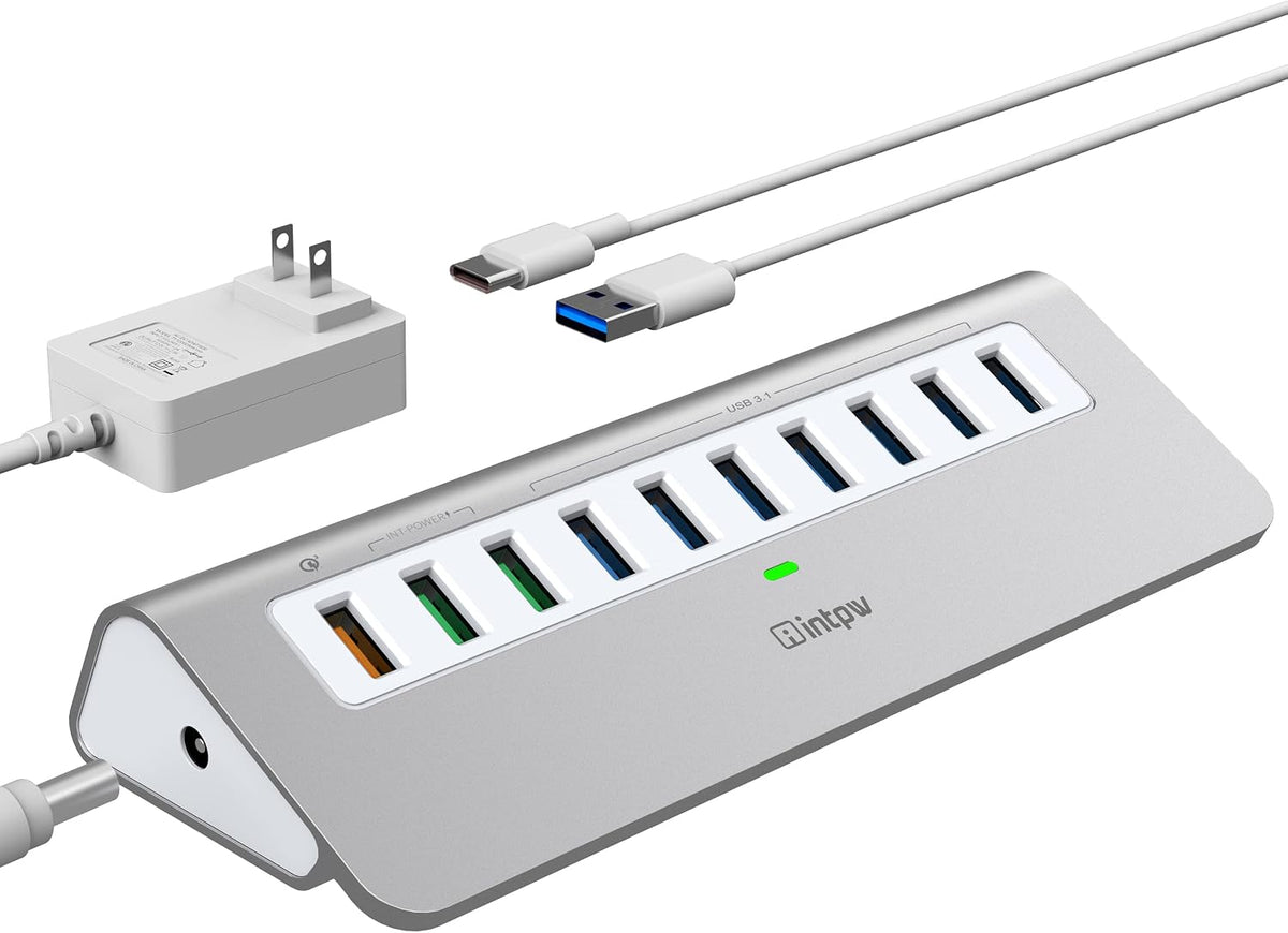 Powered USB Hub 10Gbps, intpw USB Port Hub with 10 Port USB 3.1 Data, 36W Power Adapter, 3.3FT USB-A & USB-C Cables, Aluminum USB Hub for PC, Laptop, Mac, Desktop