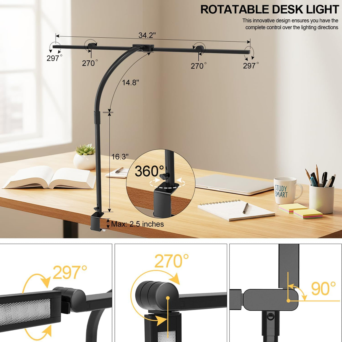 24W Bright Led Desk Lamp with Remote, 1500LM Architect Desk Light for Home Office with 4 Adjustable Light Bars & Clamp, Gooseneck Tall Drafting Table Lighting for Computer Monitor Hobby Puzzle