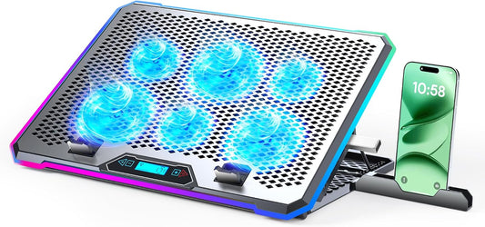 KYOLLY Aluminum Alloy RGB Gaming Laptop Cooler with 6 Fans and LCD Screen - 10 RGB Modes Memory Function, 4 USB Ports 3.0 and 2.0 Hub, 9 Height Adjustable for 10 to 21 Inch Laptops on Desk or Lap