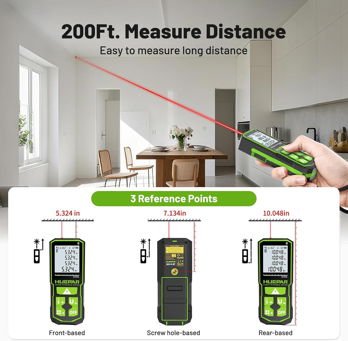 Huepar 200Ft Bluetooth Laser Measuring Tool S60-BT, APP Control, Rechargeable USB-C Laser Distance Meter, ±1/16" High Accuracy, Angle Sensor, IP54, for Distance/Area/Volume, Gifts for Men