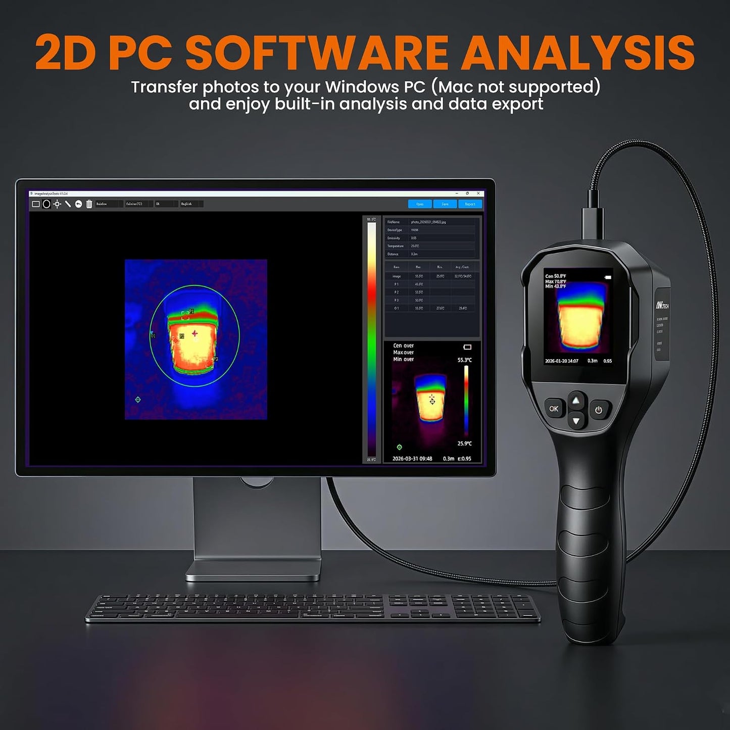 240x240 Thermal Camera 25Hz Handheld for Leak Detection HVAC | 14hr battery, 50°FOV, 2.8" LCD, for home inspection, electrical, plumbing, roofing, automotive diagnostics