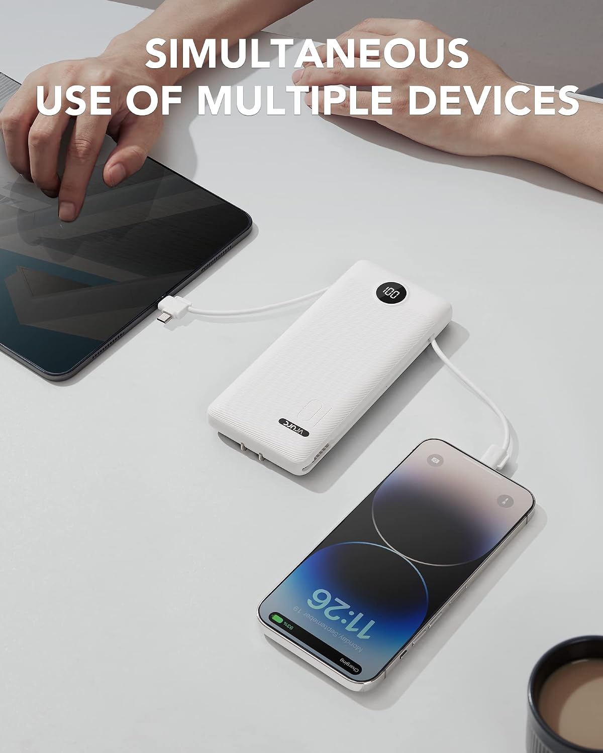 VRURC 3-in-1 Portable Charger, Built-in Cord & Foldable Wall AC Plug-White | 10000mAh Portable Power Bank, Travel Battery Pack for Smartphones, USB-C Emergency External Charger for Trip- (1 PACK)