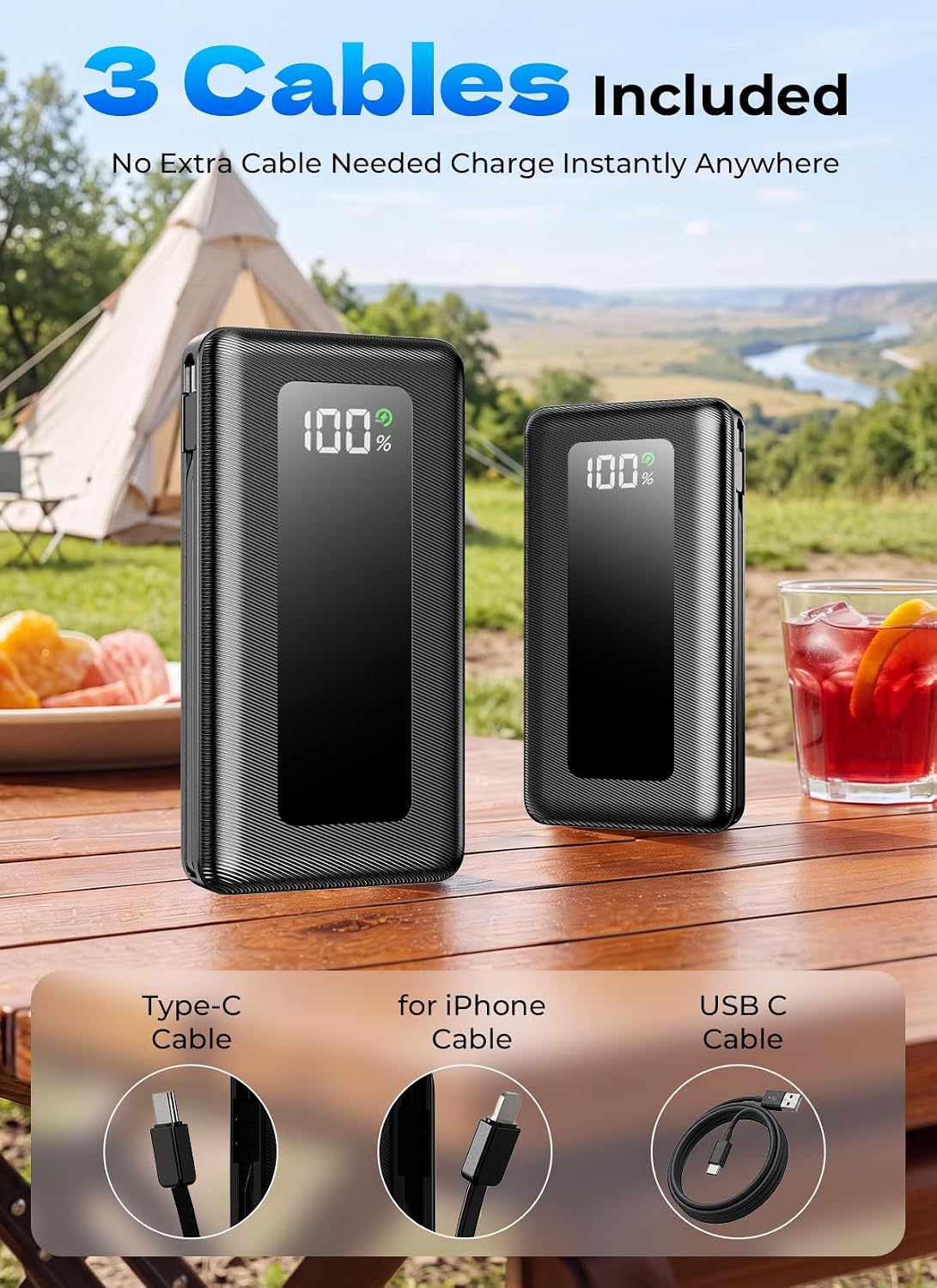 50000mAh Portable Charger Power Bank, Fast Charging with Built in Cables | Ultra-High Capacity, Travel Essential, Charge 4 Devices, Flashlight, for iPhone 17/16/15 Series, Samsung, iPad & Laptops Onyx
