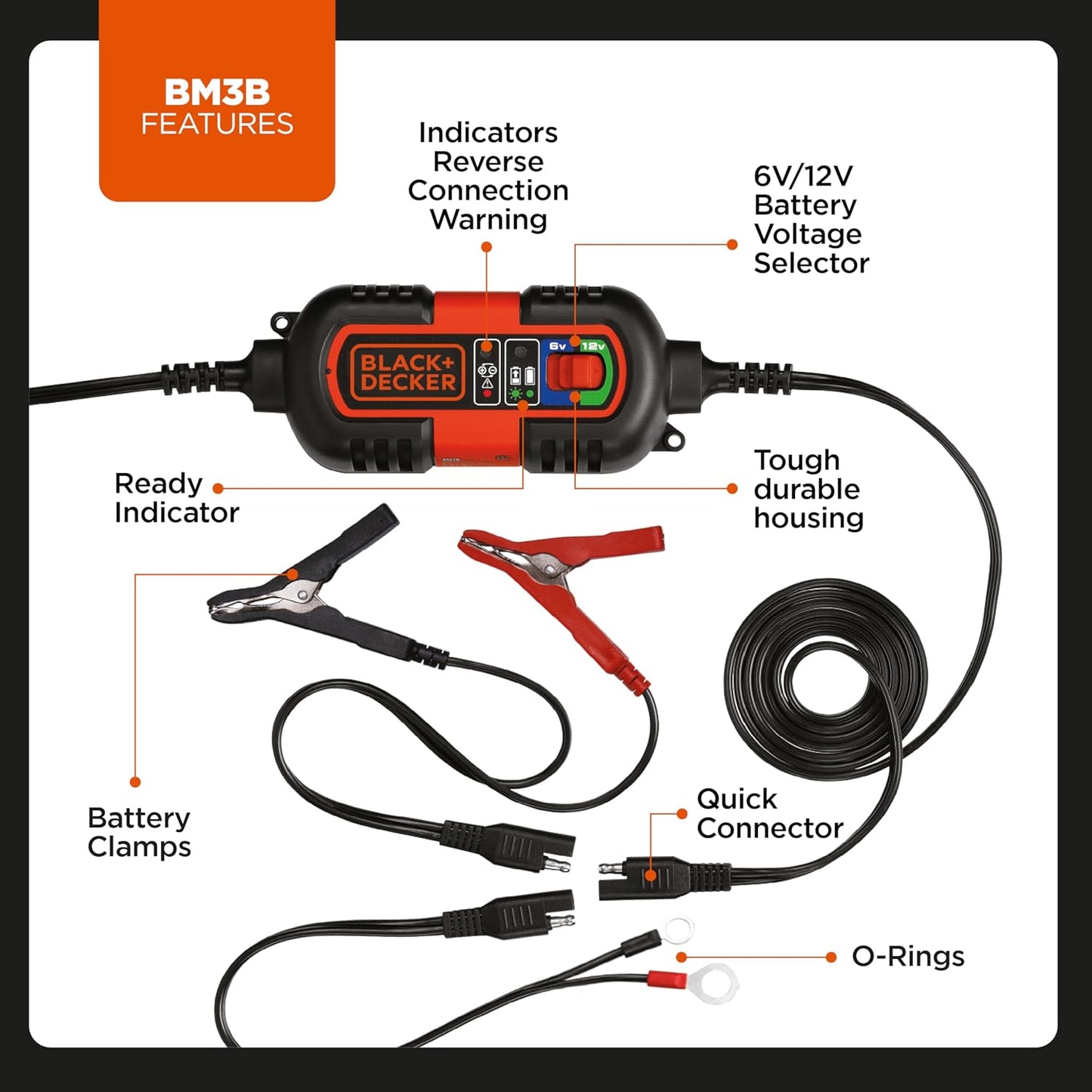BLACK+DECKER BM3B Fully Automatic 6V/12V Battery Charger/Maintainer with Cable Clamps and O-Ring Terminals, Multi, 1.5 Amp