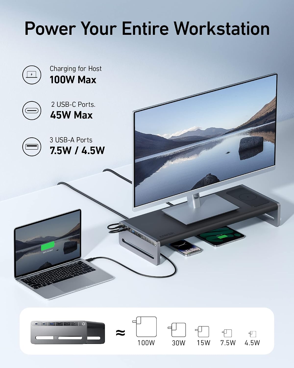 Anker 675 USB-C Docking Station, 12-in-1 Monitor Stand, Wireless Charging | 2 USB-C 10Gbps and 3 USB-A 10Gbps Ports, 4K@60Hz HDMI, Ethernet, SD/TF Card Reader, for ThinkPad, MacBook Pro and More