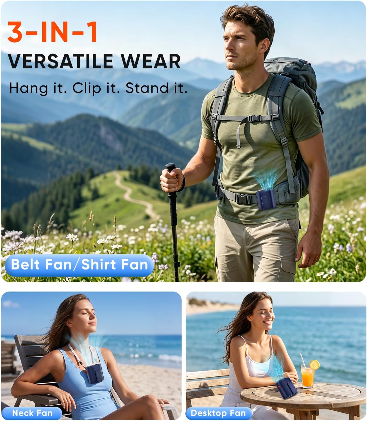 AI Portable Waist Fan, 6-Speed 15,000RPM Strong Turbo Airflow, 30H Cooling Battery Powered Personal Fan Rechargeable, Wearable Hands-Free Shirt/Belt/Body Fan for Travel, Work, Outdoor, Blue