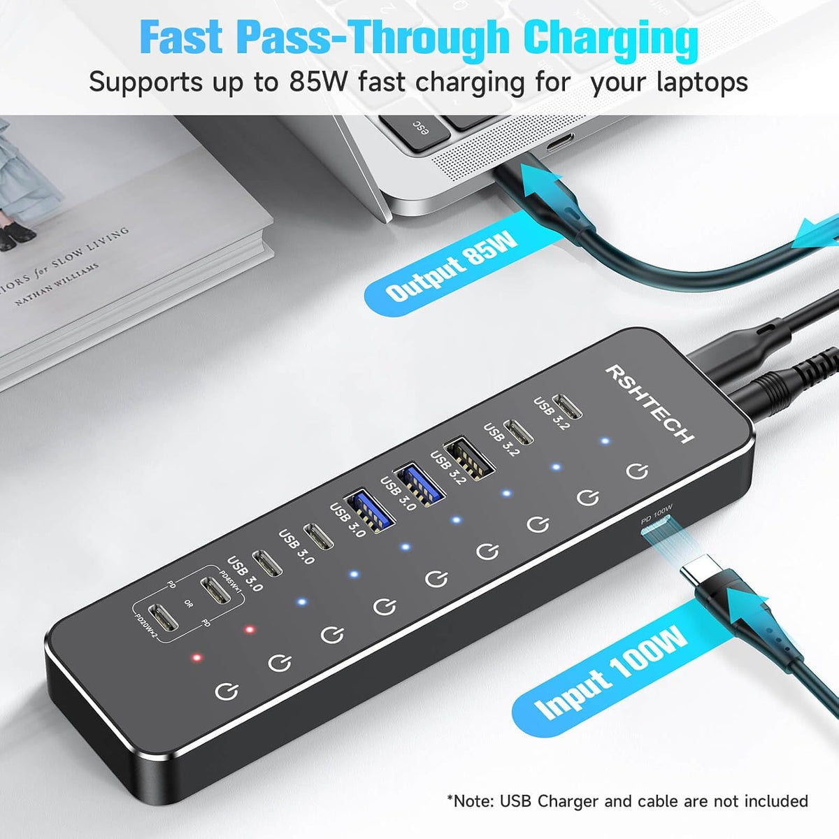 RSHTECH 10-Port 66W Powered USB C/USB 3.2 Hub 10Gbps for Data & PD Charging