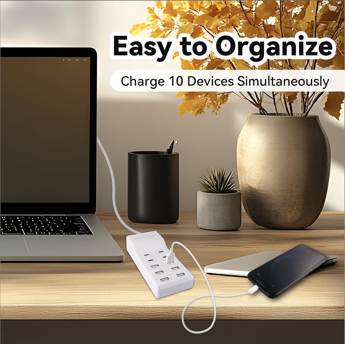 USB Power Strip Charging Station, 10-Port 6A+4C Multi Charger Block | 50W 10A Total Output, Auto-Detect Tech, Compatible with iPhone, Samsung, iPad Multi Device Home Office Travel Use