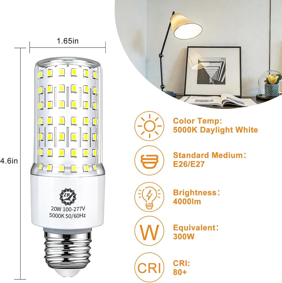 ZP 20W LED Light Bulb 4 Pack Corn Bulb 5000K Daylight Bulb E26/E27 Base