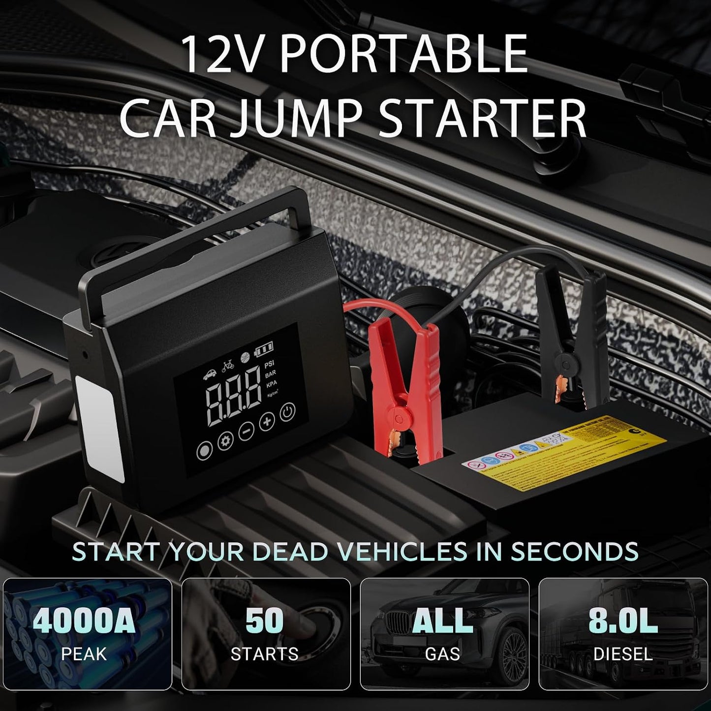 Hieha Portable Car Battery Jump Starter 4000A, 150PSI Air Compressor | 4000A Peak, 150PSI Air Compressor, 15000mAh Power Bank, 12V, Auto Shutoff, LED Flashlight, USB-C, Jumper Cables