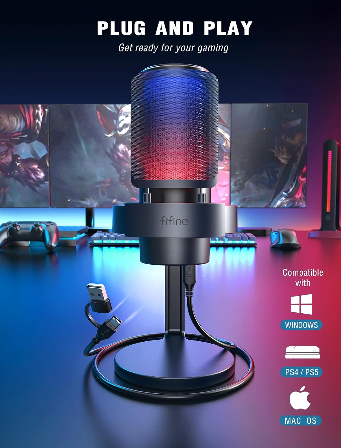 FIFINE AmpliGame A8 USB Gaming Condenser Microphone with RGB Control for PC | RGB Control, Gain Knob, Quick Mute, Desktop Mic, Headphone Jack, Shock Mount, Pop Filter, for PS4/5 Discord Twitch Podcasts