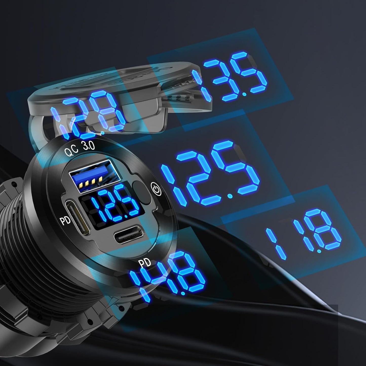 12V USB Car Socket Round USB C 12V Outlet, 3-Port Marine Fast Charger Waterproof Cigarette Outlet Replacement Aluminum with Switch & Voltmeter, Suitable for Boat Golf Cart RV Motorcycle Truck