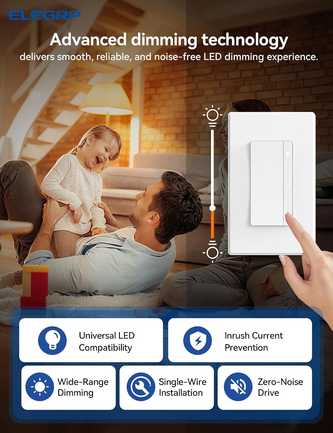 ELEGRP LEDPro™ Multi-Location Dimmer, EDM25BM Master Dimmer Light Switch for LED, Single Pole/3 Way, 1 Pack, Matte White