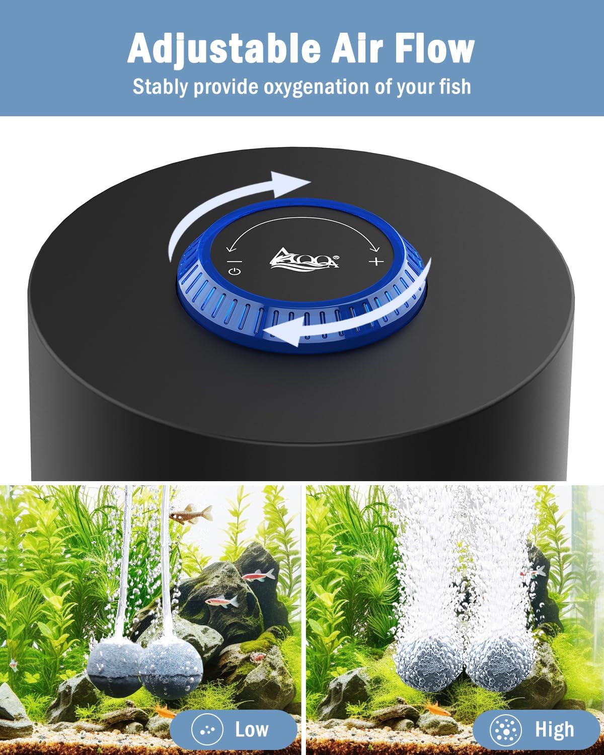AQQA Aquarium Air Pump, 3W Powerful Dual Outlet Adjustable Oxygen Aerator | Quiet Operation, Stainless Steel Outlet Fish Air Pump, Adjustable Air Flow with Air Stone Bubbler, for Up to 80 Gallon Tank